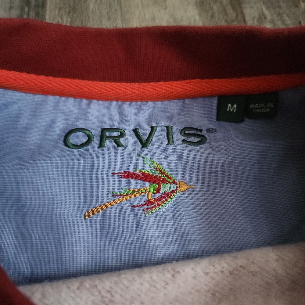 Orvis Sweatshirt Mens Medium Red Crewneck Fleece Pullover Fly Fishing Logo - Picture 2 of 9